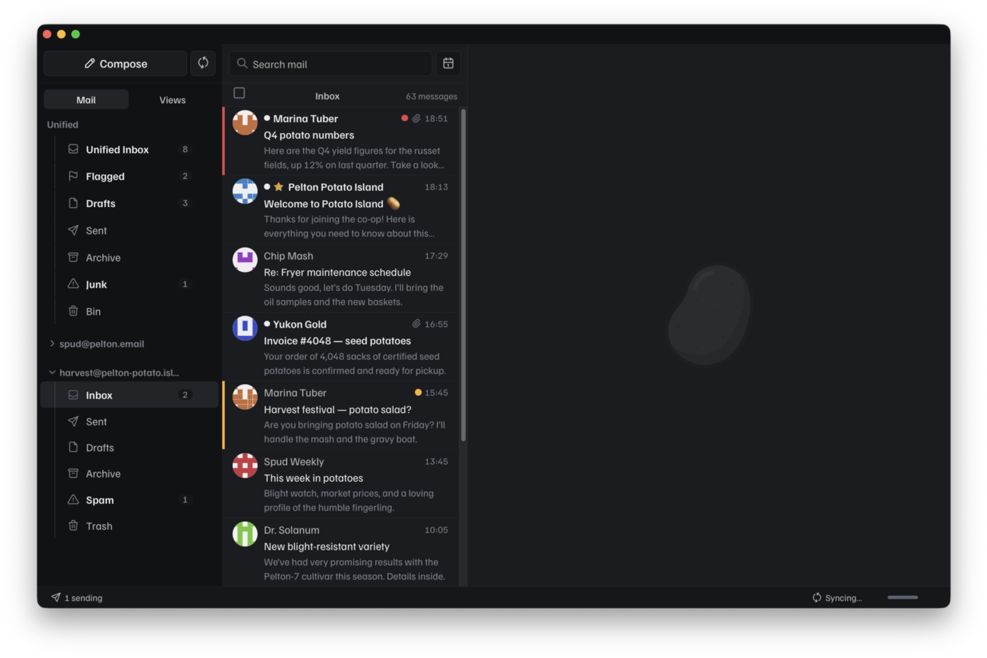 The Pelton window: three accounts in the sidebar, a message list with colored flags, and an open message in the reading pane